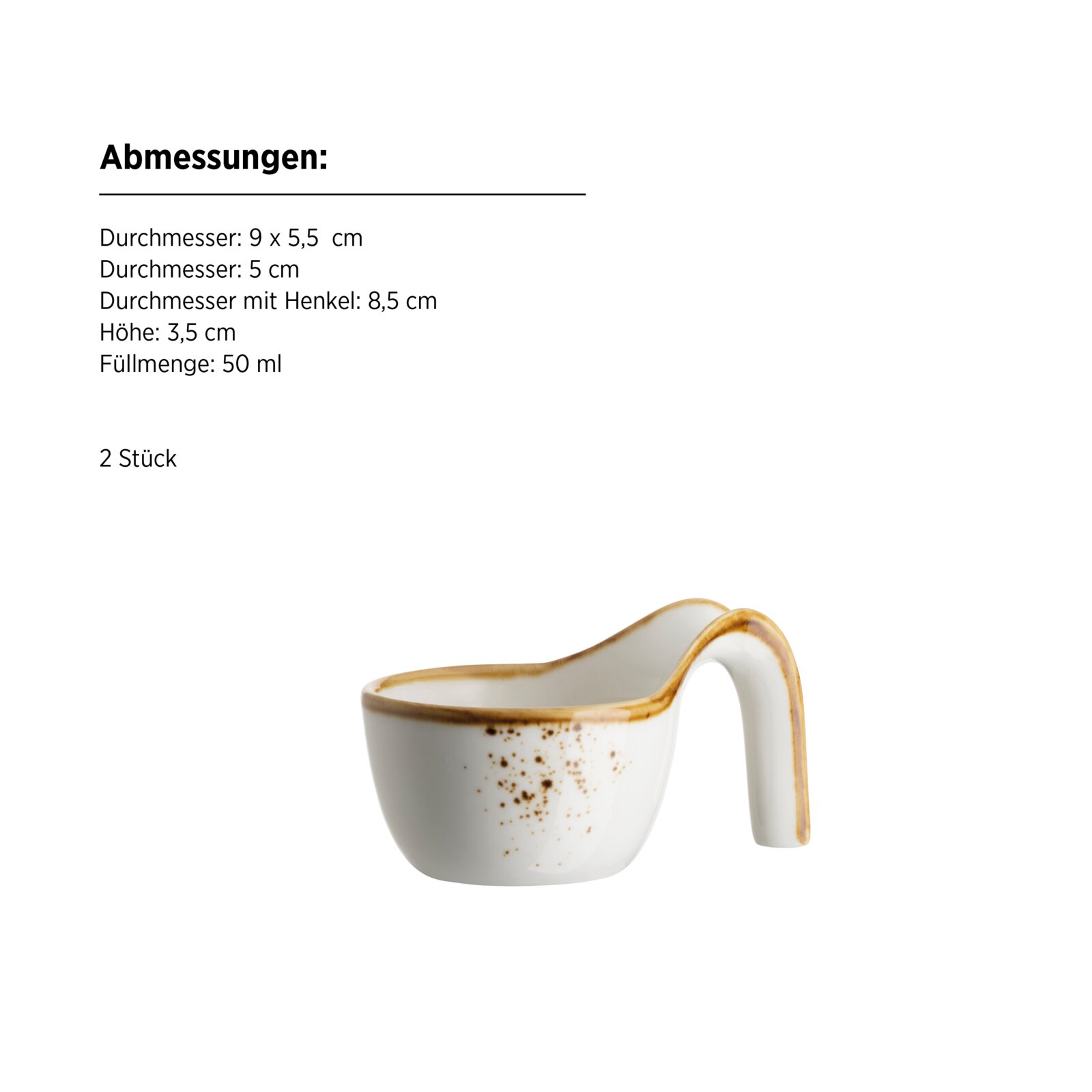 Weiße Keramik-Espressotasse mit braun gesprenkelter Glasur und geschwungenem Henkel, seitliche Ansicht vor weißem Hintergrund; Abmessungen: 9 x 5,5 cm, Höhe 3,5 cm, Füllmenge 50 ml.