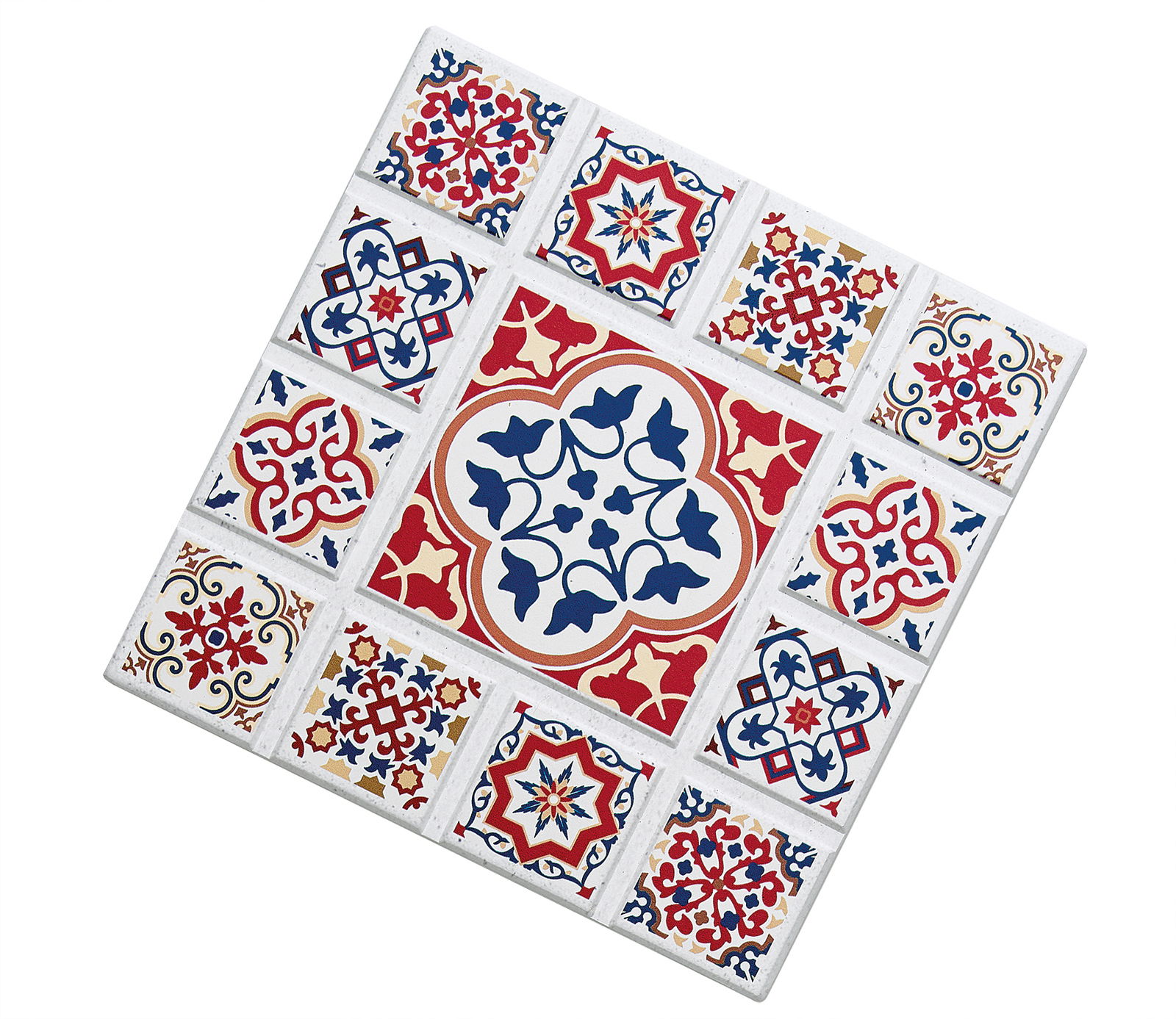 Untersetzer mit buntem, orientalischem Fliesenmuster in Draufsicht