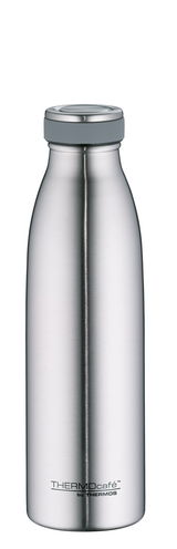 Edelstahl-Isolierflasche von vorne, schlankes Design, mit grauem Deckel und Thermocafé-Logo.