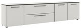Weißes XL-TV-Lowboard mit schwarzen Griffen, seitliche Perspektive