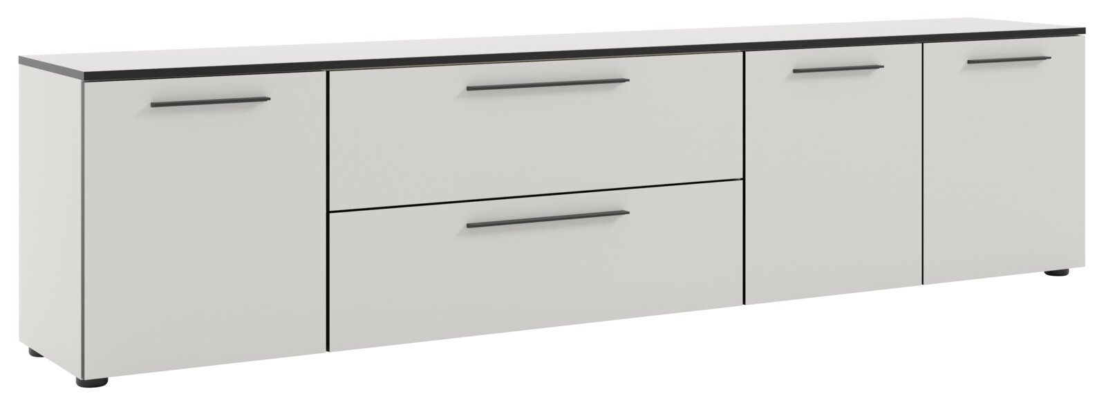 Weißes XL-TV-Lowboard mit schwarzen Griffen, seitliche Perspektive