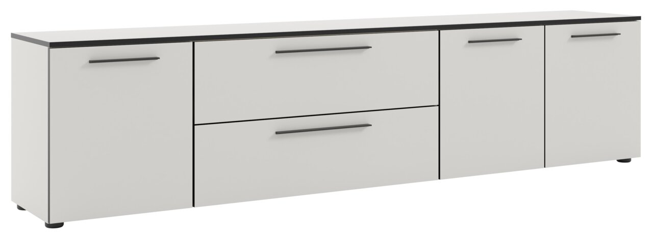 Weißes XL-TV-Lowboard mit schwarzen Griffen, seitliche Perspektive