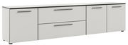 Weißes XL-TV-Lowboard mit schwarzen Griffen, seitliche Perspektive