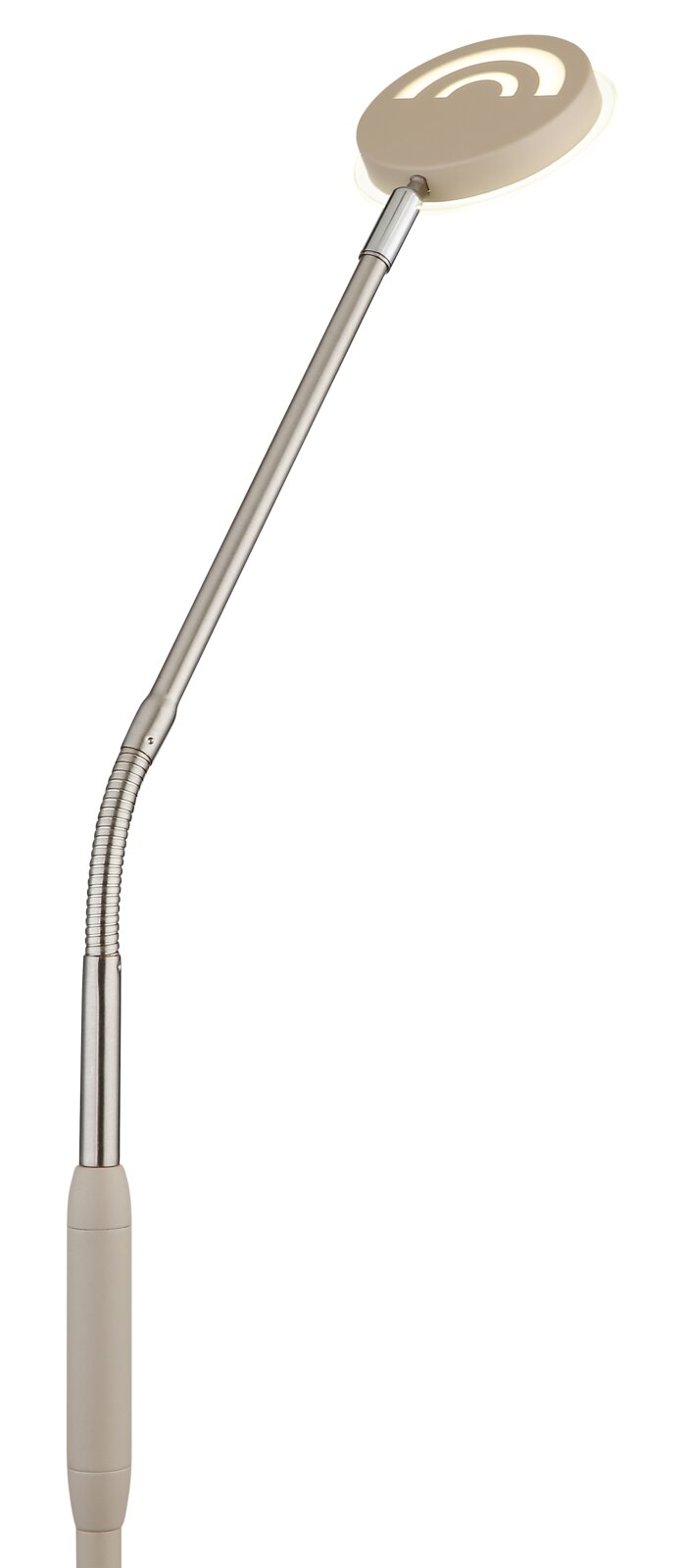 Silberne LED-Schreibtischlampe mit flexiblem Schwanenhals und rundem Leuchtenkopf, freigestellt auf weißem Hintergrund, in schräger Seitenansicht von oben