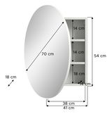 Ovaler Spiegelschrank mit drei Innenfächern, Maße: 70 cm Durchmesser, 54 cm Höhe, 41 cm Breite, 18 cm Tiefe, seitliche Perspektive.