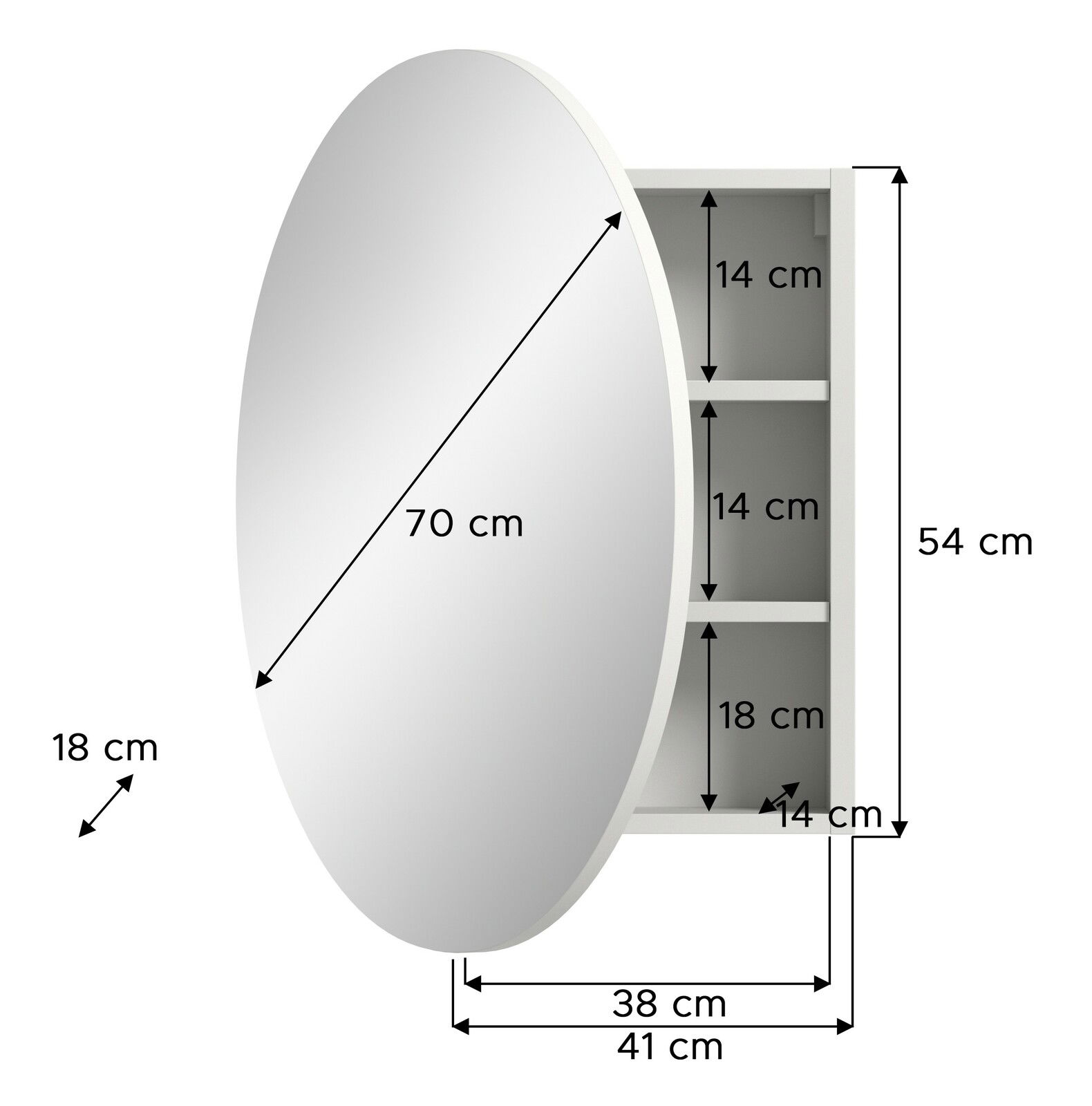 Ovaler Spiegelschrank mit drei Innenfächern, Maße: 70 cm Durchmesser, 54 cm Höhe, 41 cm Breite, 18 cm Tiefe, seitliche Perspektive.