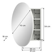 Ovaler Spiegelschrank mit drei Innenfächern, Maße: 70 cm Durchmesser, 54 cm Höhe, 41 cm Breite, 18 cm Tiefe, seitliche Perspektive.