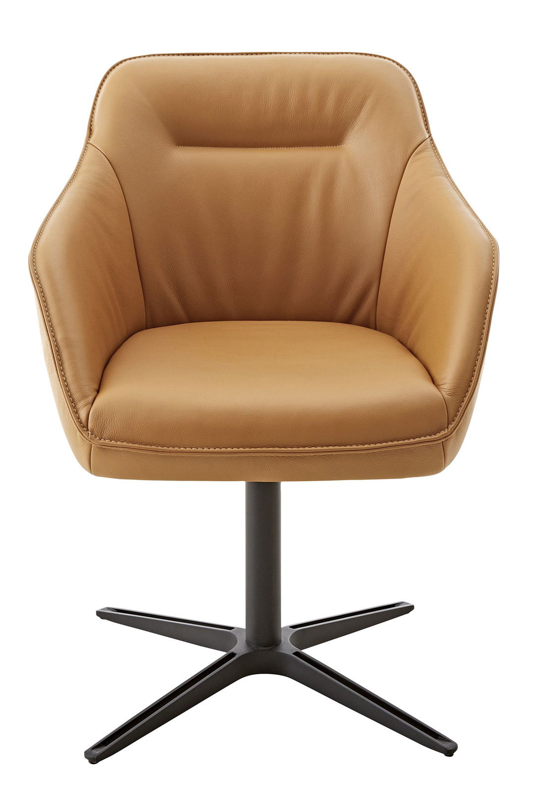 Moderner Armlehnstuhl aus braunem Leder mit schwarzem Metallfuß, Frontalansicht