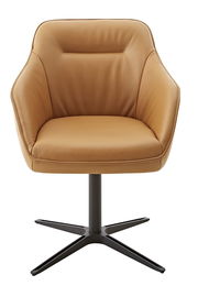 Moderner Armlehnstuhl aus braunem Leder mit schwarzem Metallfuß, Frontalansicht