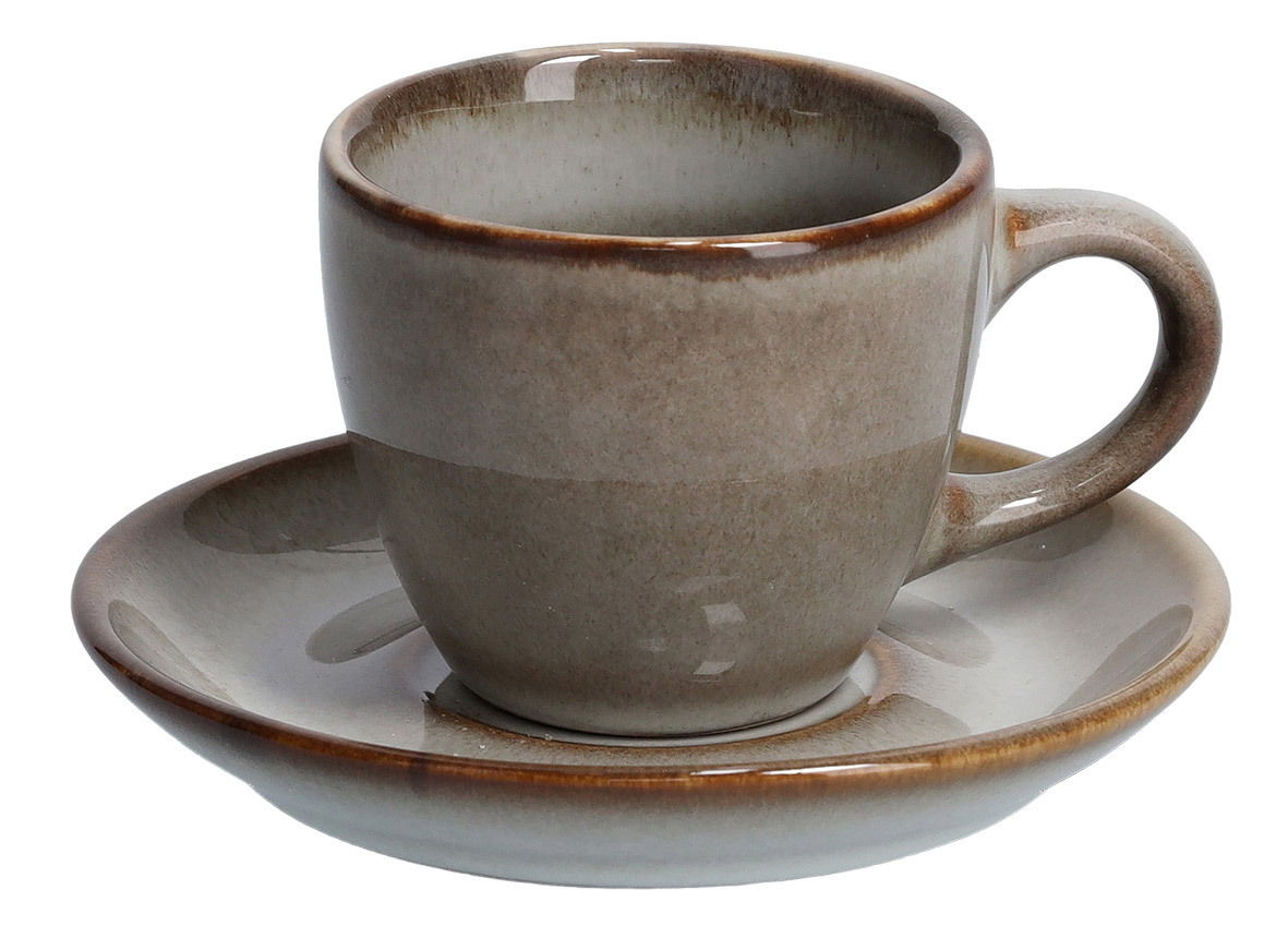 Espresso-Tasse mit Untertasse in erdigen Tönen, seitliche Perspektive