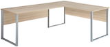 L-förmiger Winkelschreibtisch aus hellem Holz mit silbernen Metallbeinen, seitliche Perspektive