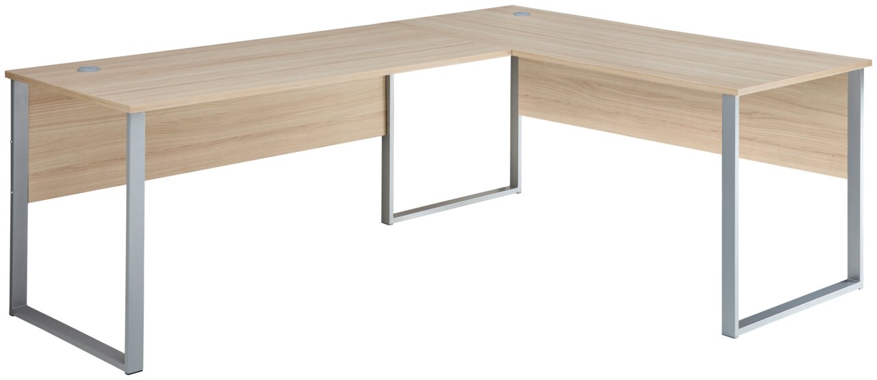 L-förmiger Winkelschreibtisch aus hellem Holz mit silbernen Metallbeinen, seitliche Perspektive