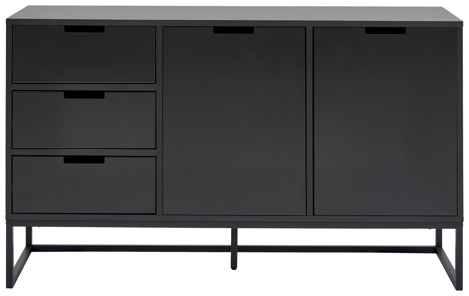 Modernes schwarzes Sideboard mit drei Schubladen und zwei Türen, frontale Ansicht.