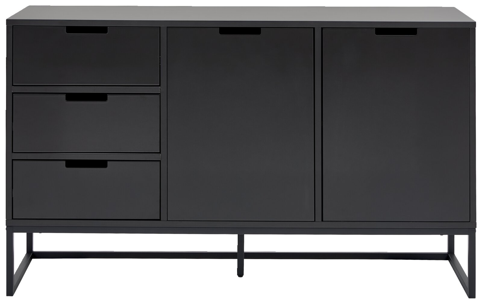 Modernes schwarzes Sideboard mit drei Schubladen und zwei Türen, frontale Ansicht.