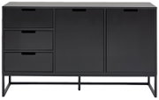 Modernes schwarzes Sideboard mit drei Schubladen und zwei Türen, frontale Ansicht.