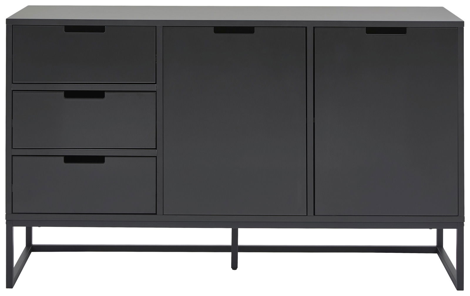 Modernes schwarzes Sideboard mit drei Schubladen und zwei Türen, frontale Ansicht.