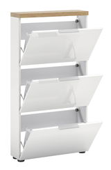 Weißer Schuhschrank mit drei Klappen und Holzoberfläche, seitliche Perspektive