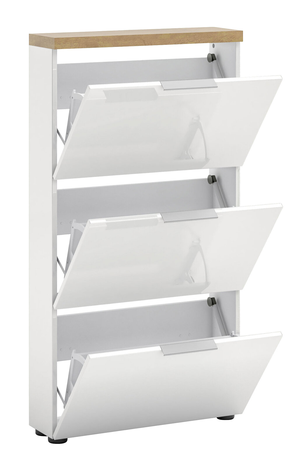 Weißer Schuhschrank mit drei Klappen und Holzoberfläche, seitliche Perspektive