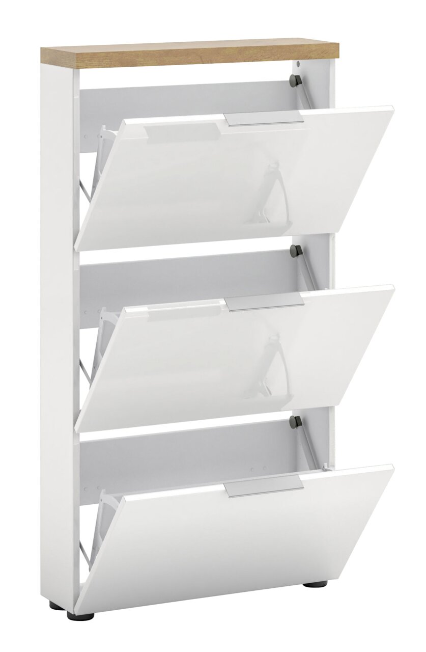 Weißer Schuhschrank mit drei Klappen und Holzoberfläche, seitliche Perspektive