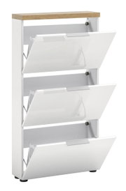 Witte schoenenkast met drie kleppen en houten afwerking, zijaanzicht