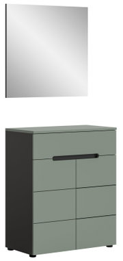 Modernes Badezimmer-Set mit rechteckigem Spiegel und kompaktem Unterschrank in mattem Salbeigrün mit schwarzem Korpus und Griff, dargestellt in schräger Frontansicht