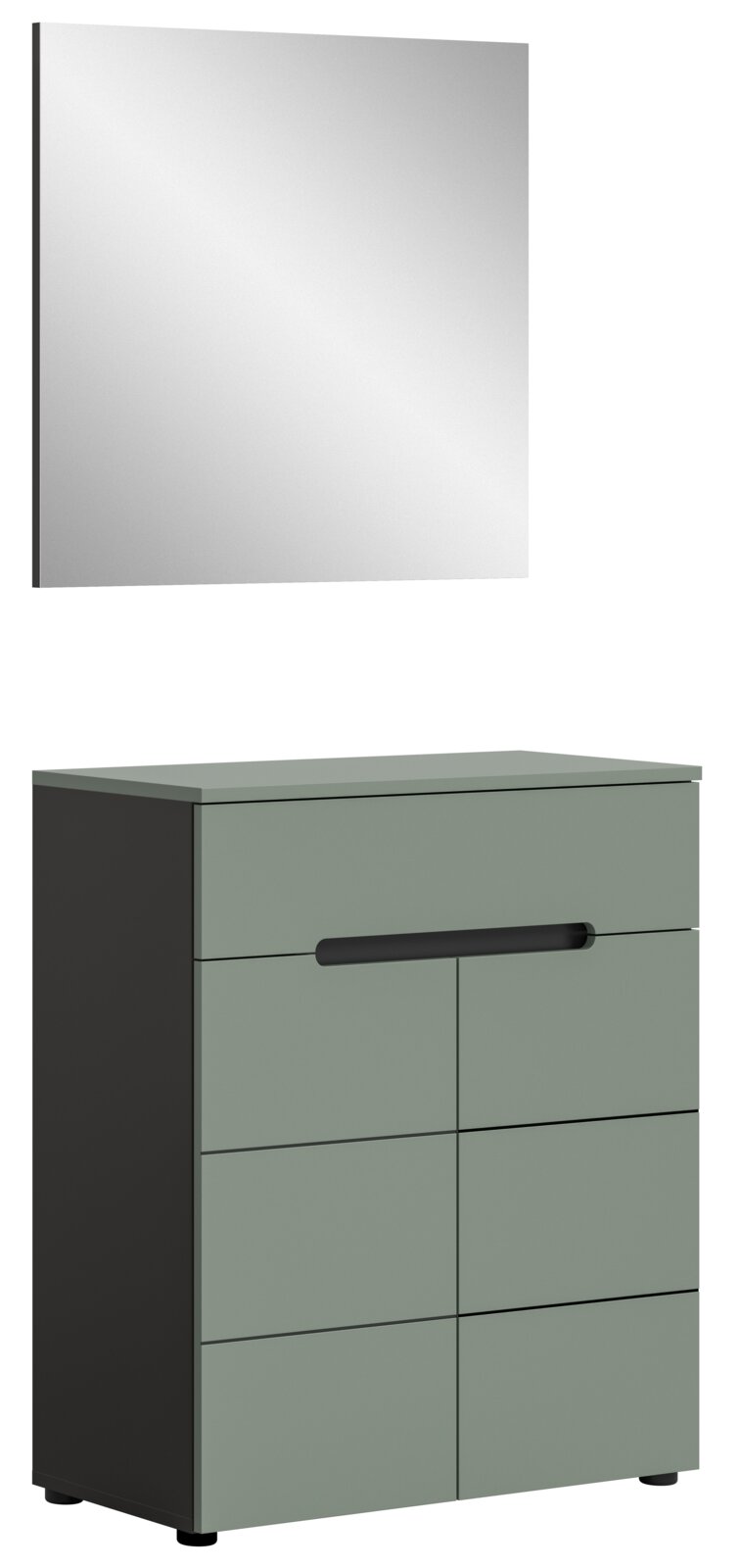 Modernes Badezimmer-Set mit rechteckigem Spiegel und kompaktem Unterschrank in mattem Salbeigrün mit schwarzem Korpus und Griff, dargestellt in schräger Frontansicht