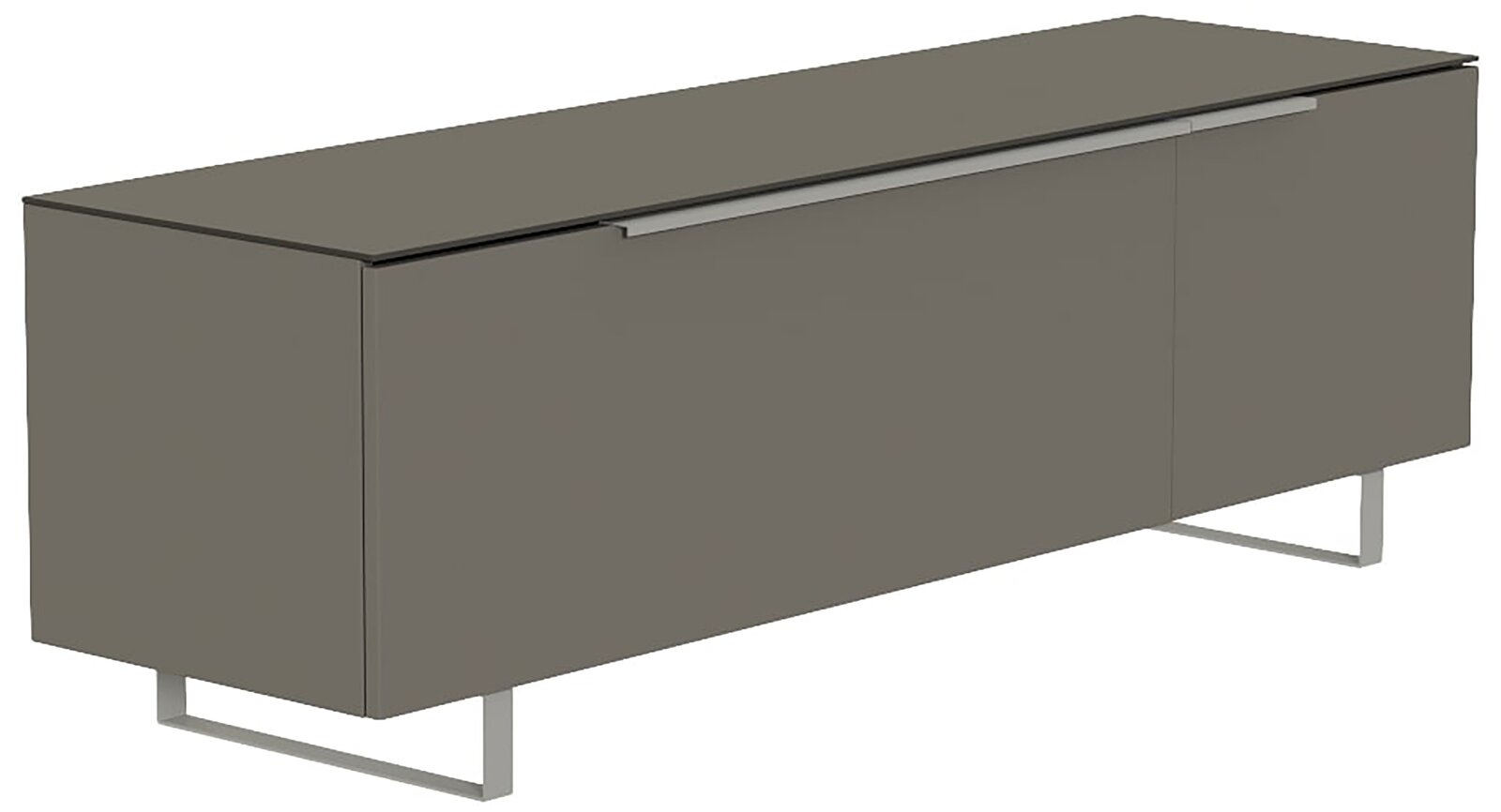 Modernes TV-Lowboard in grauer Farbe, seitliche Perspektive