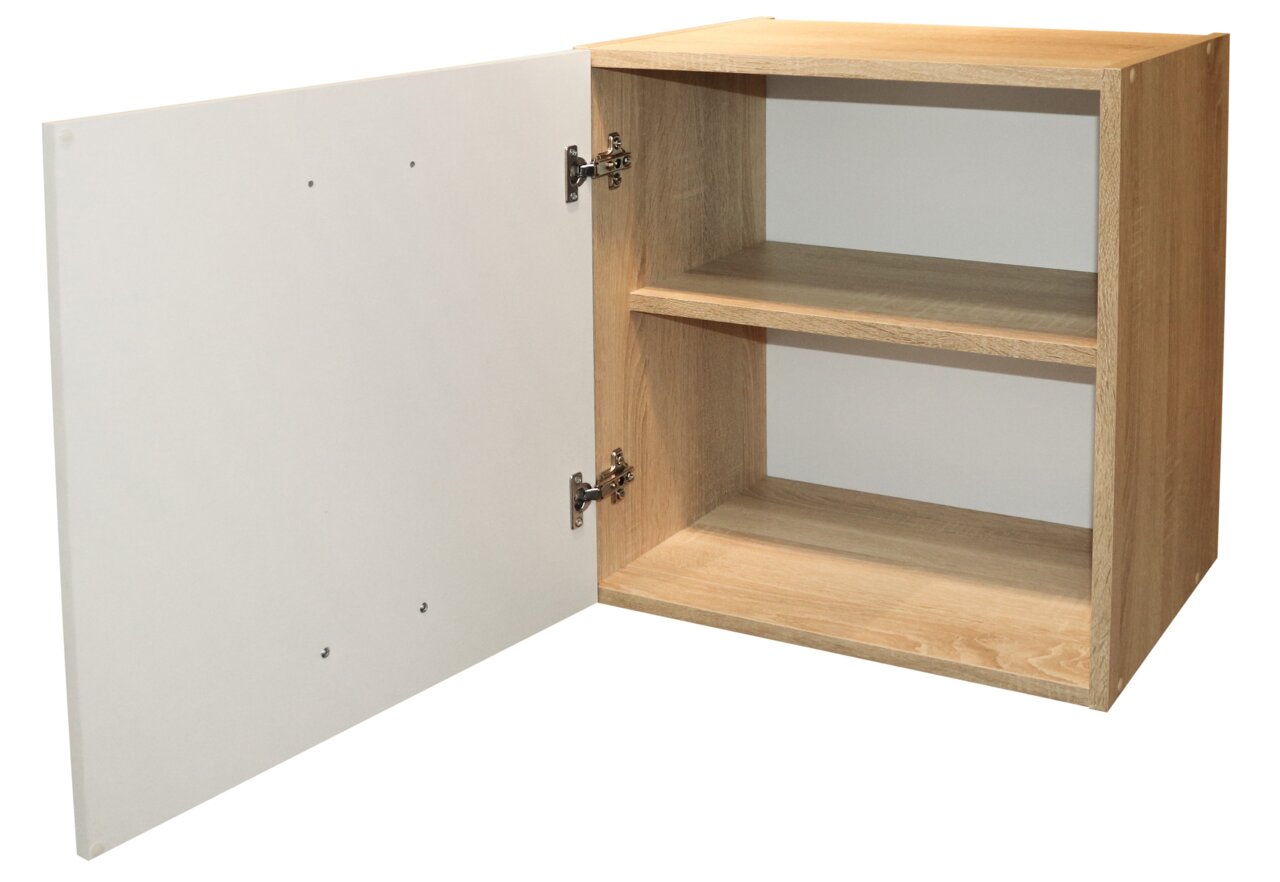 Hängeschrank aus Holz mit geöffneter Tür, zwei Regalböden und seitlicher Perspektive