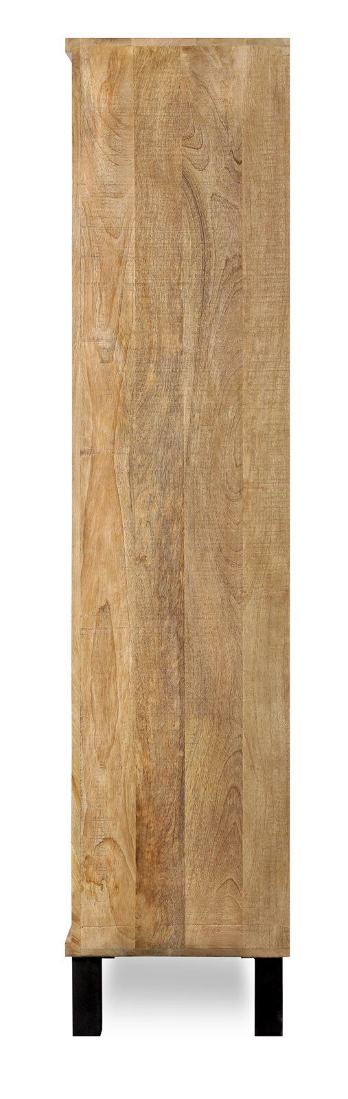 Seitenansicht einer hölzernen Vitrine mit natürlicher Maserung und schwarzen Beinen.