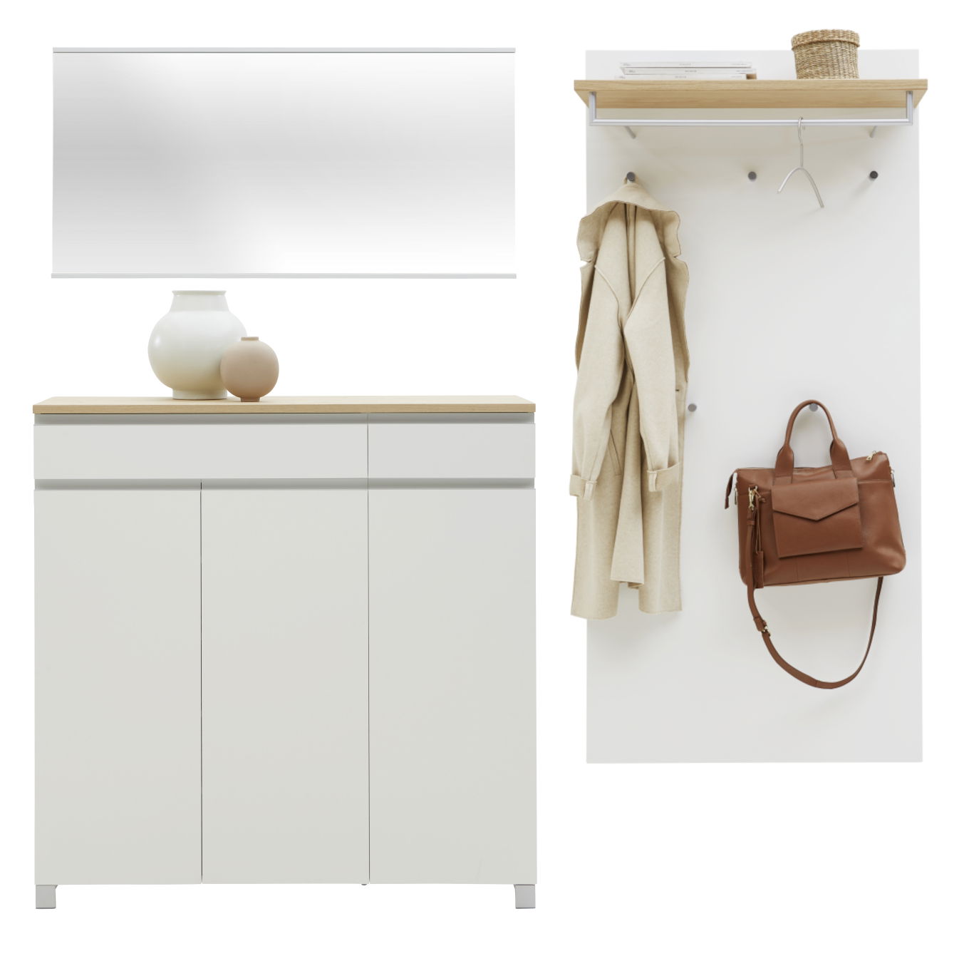 Dieter Knoll Garderoben-Set 3-tlg. SORRENT Garderoben-Set 3-tlg. in moderner Frontansicht, bestehend aus einem weißen Schrank mit Holzoberfläche, einem großen Spiegel und einer Wandgarderobe mit Haken, Ablage und Kleiderstange. Dekoriert mit Vasen, Mantel und Tasche.