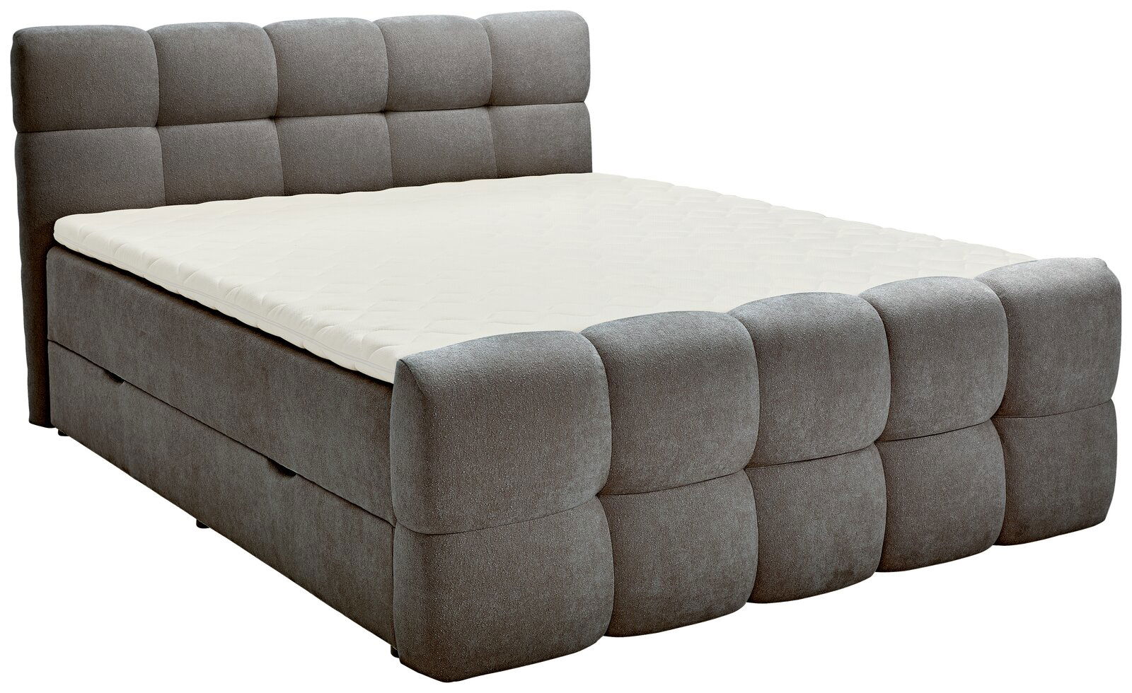 Graues Boxbett mit gepolstertem Kopfteil und seitlicher Perspektive