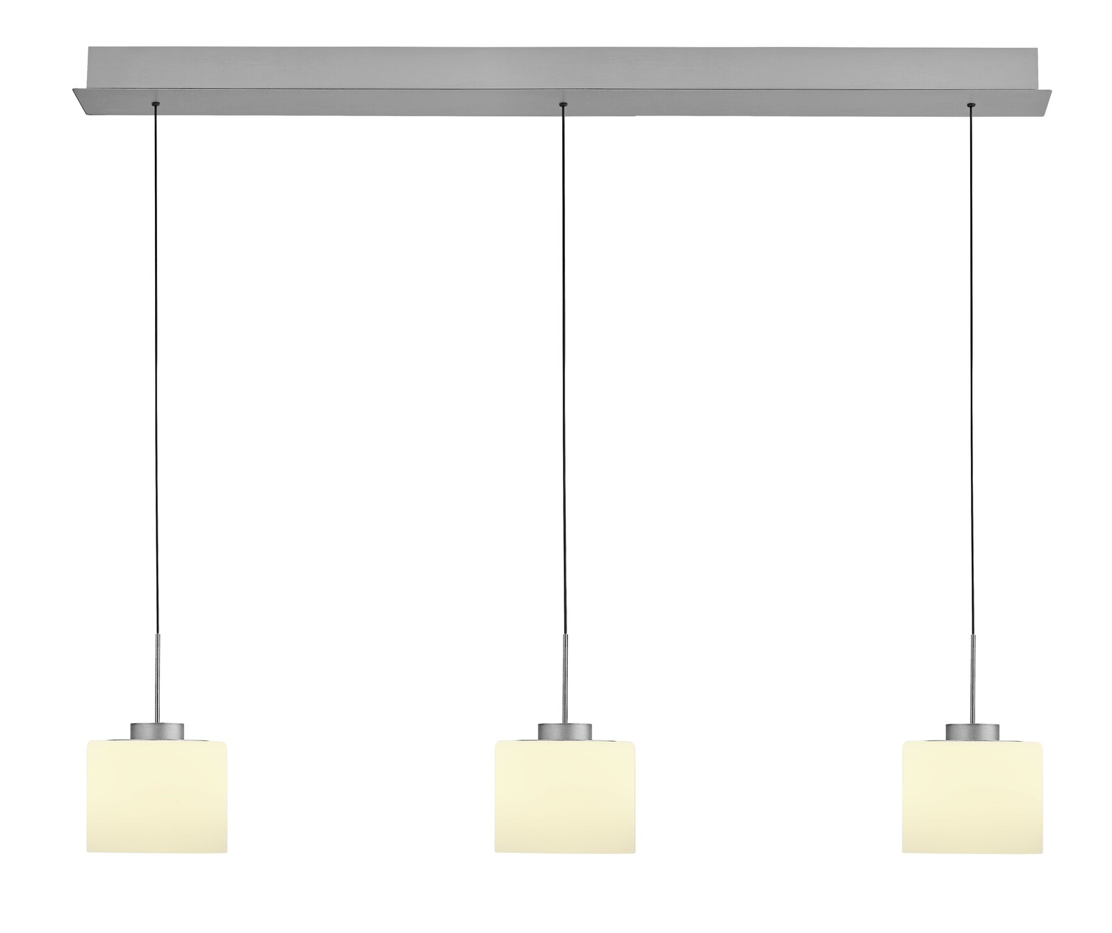 Hell LED-Pendelleuchte ABBY Moderne LED-Pendelleuchte mit drei zylindrischen Lampenschirmen, hängend an dünnen Kabeln, aus der Frontalperspektive.