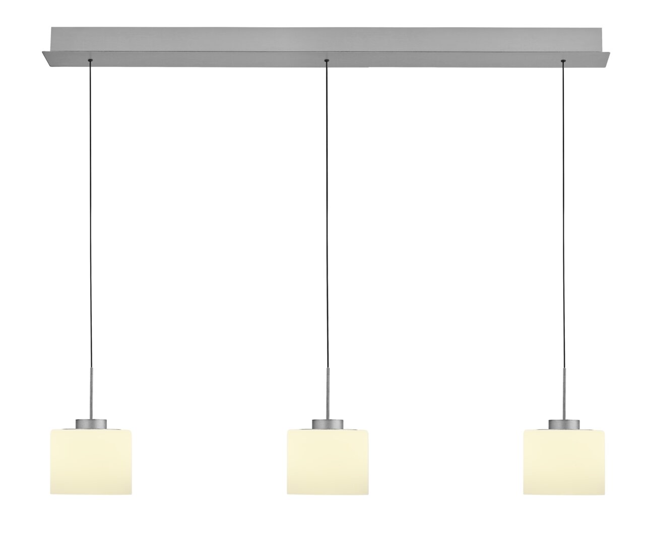 Moderne LED-Pendelleuchte mit drei zylindrischen Lampenschirmen, hängend an dünnen Kabeln, aus der Frontalperspektive.