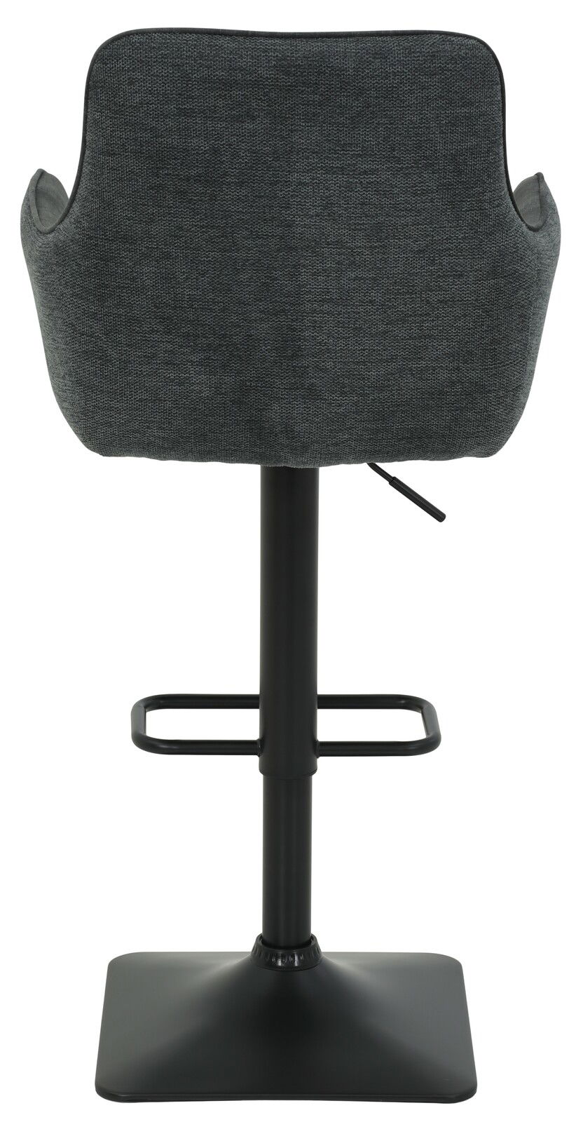 Rückansicht eines modernen Barhockers mit grauem Stoffbezug und schwarzem Metallgestell.