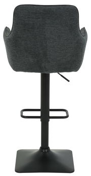 Rückansicht eines modernen Barhockers mit grauem Stoffbezug und schwarzem Metallgestell.