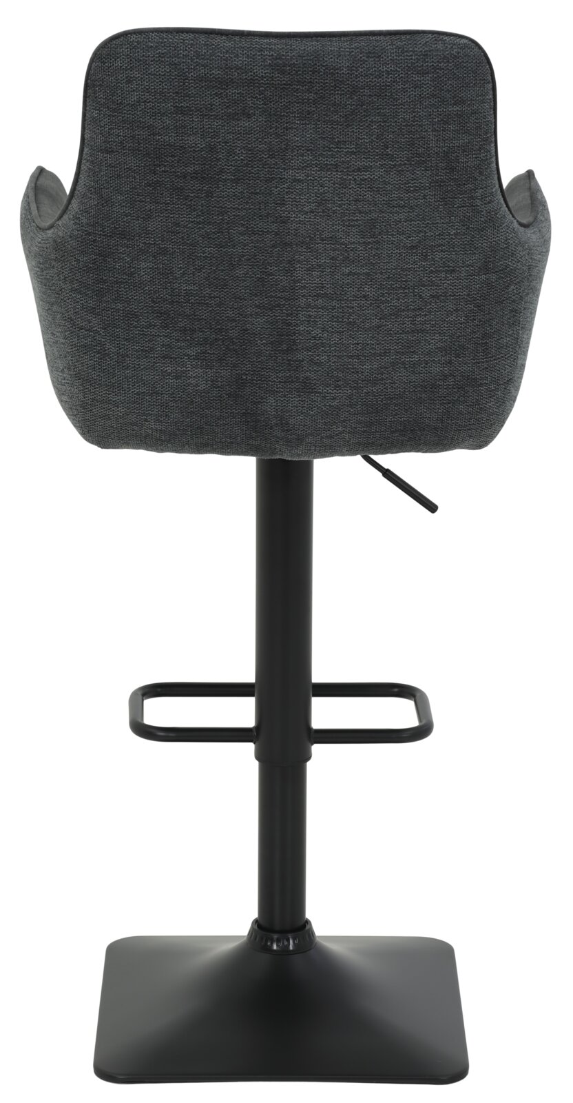 Achterkant van een moderne barkruk met grijze stoffen bekleding en een zwart metalen frame.