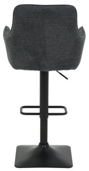 Achterkant van een moderne barkruk met grijze stoffen bekleding en een zwart metalen frame.