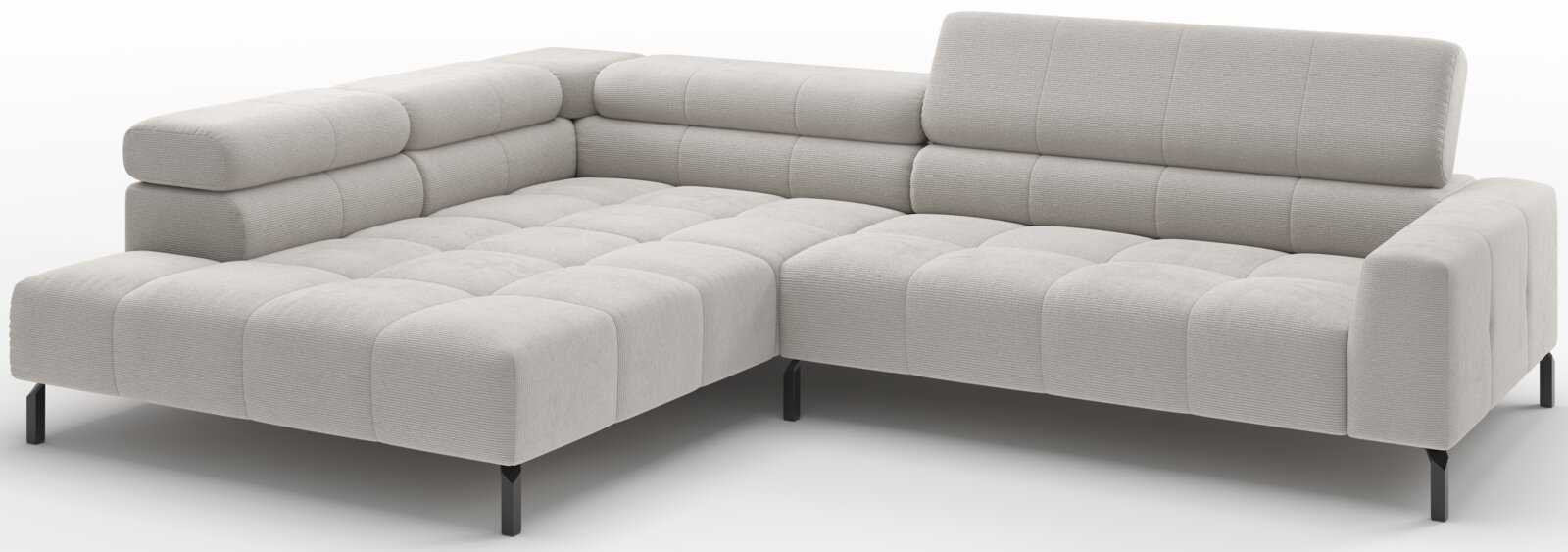 Lichtgrijze hoekbank met chaise longue links, gewatteerde zitting en rugkussens, zwarte metalen poten, getoond in schuin vooraanzicht op witte achtergrond