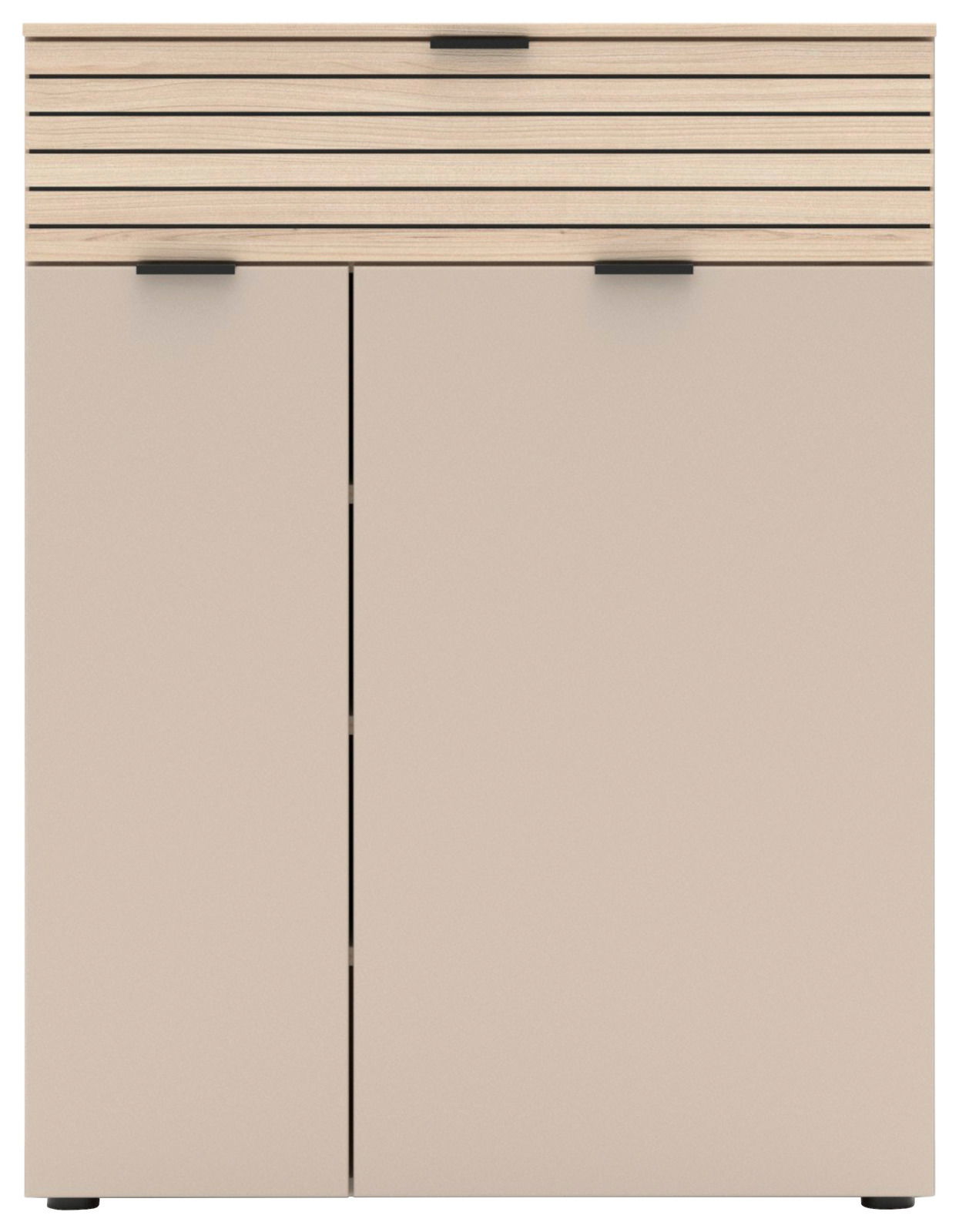 Moderner Schuhschrank mit zwei Türen und einer Schublade in Holzoptik, Frontalansicht