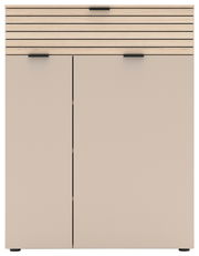 Moderner Schuhschrank mit zwei Türen und einer Schublade in Holzoptik, Frontalansicht