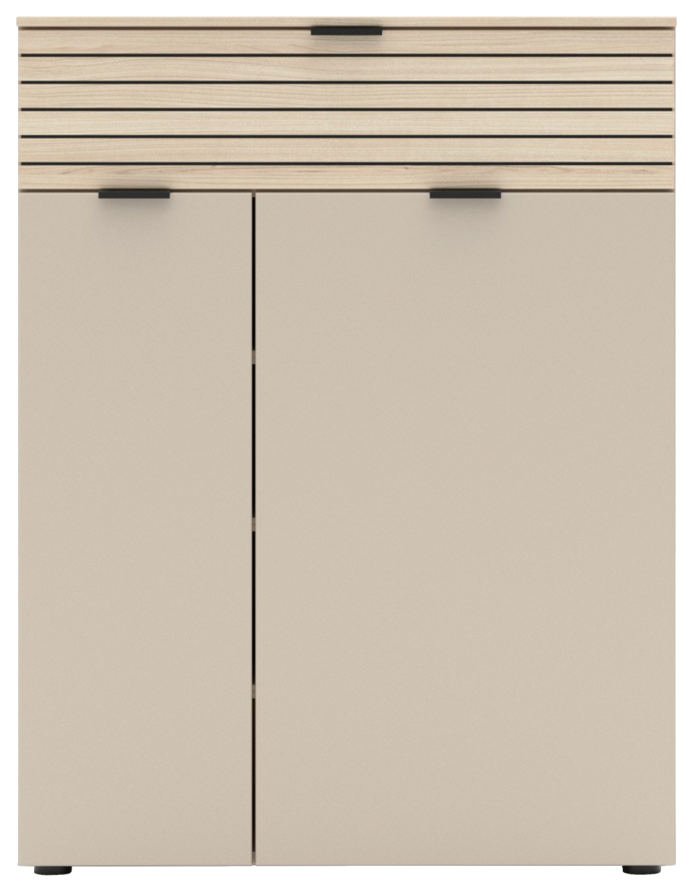 Moderner Schuhschrank mit zwei Türen und einer Schublade in Holzoptik, Frontalansicht