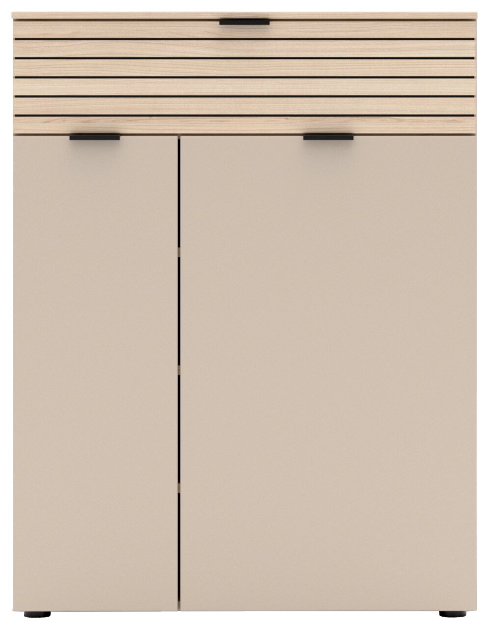 Moderner Schuhschrank mit zwei Türen und einer Schublade in Holzoptik, Frontalansicht