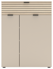 Moderner Schuhschrank mit zwei Türen und einer Schublade in Holzoptik, Frontalansicht