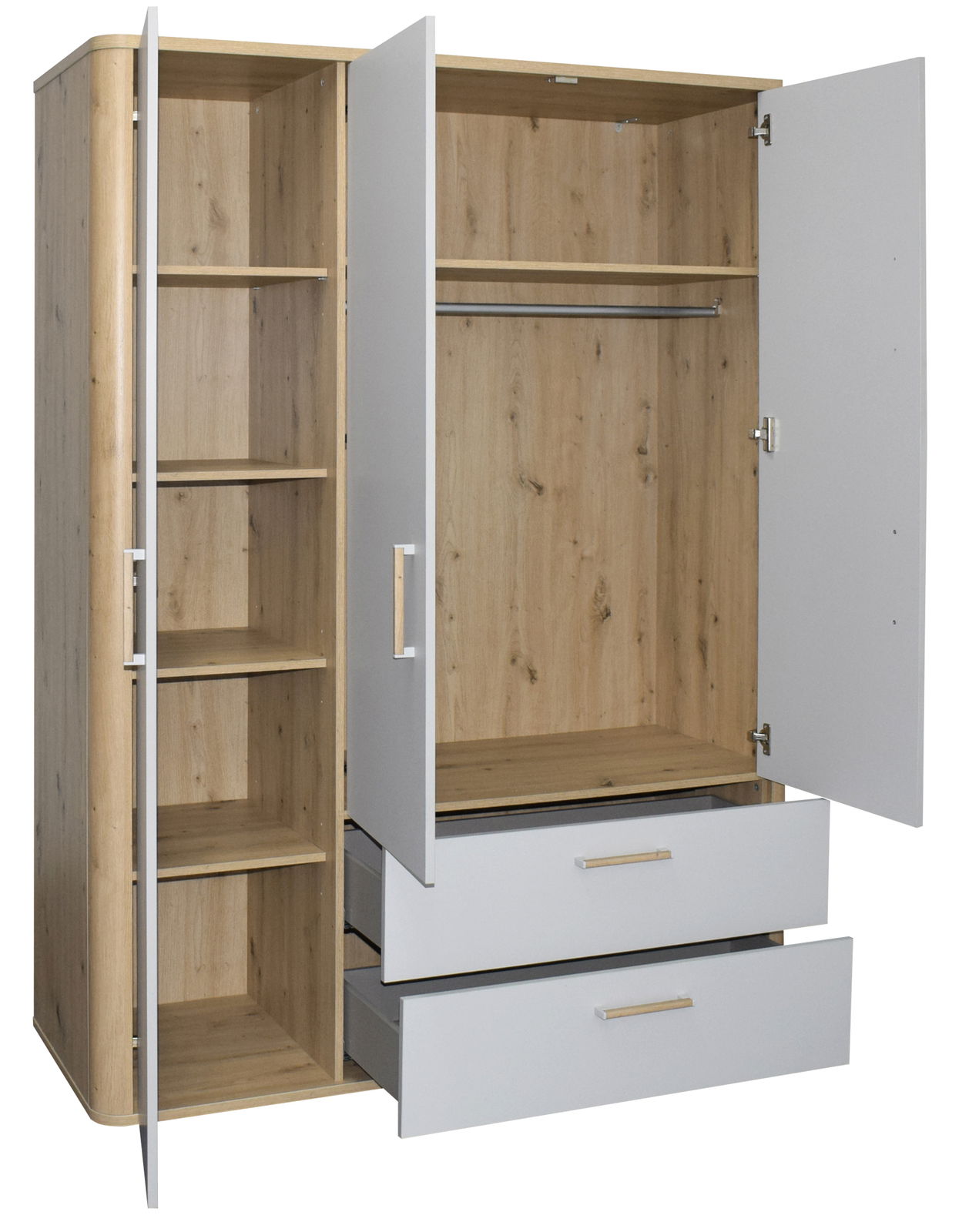 Moderner Kleiderschrank mit offenen Türen und Schubladen, Holzoptik und weißem Finish, Frontalansicht