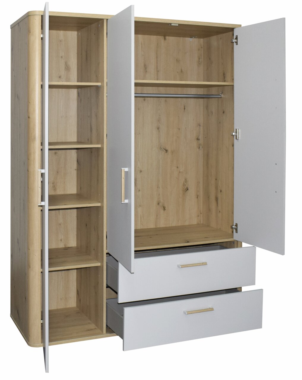 Moderner Kleiderschrank mit offenen Türen und Schubladen, Holzoptik und weißem Finish, Frontalansicht