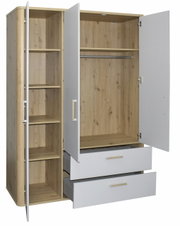 Moderner Kleiderschrank mit offenen Türen und Schubladen, Holzoptik und weißem Finish, Frontalansicht