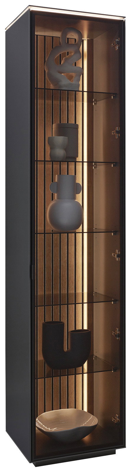 Dieter Knoll Vitrine RIANI Moderne Vitrine mit Glasregalen und dekorativen Objekten, seitliche Perspektive