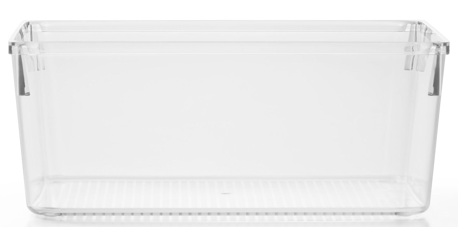 Transparente Kunststoffbox, frontal fotografiert, ideal zur Aufbewahrung von Gegenständen.