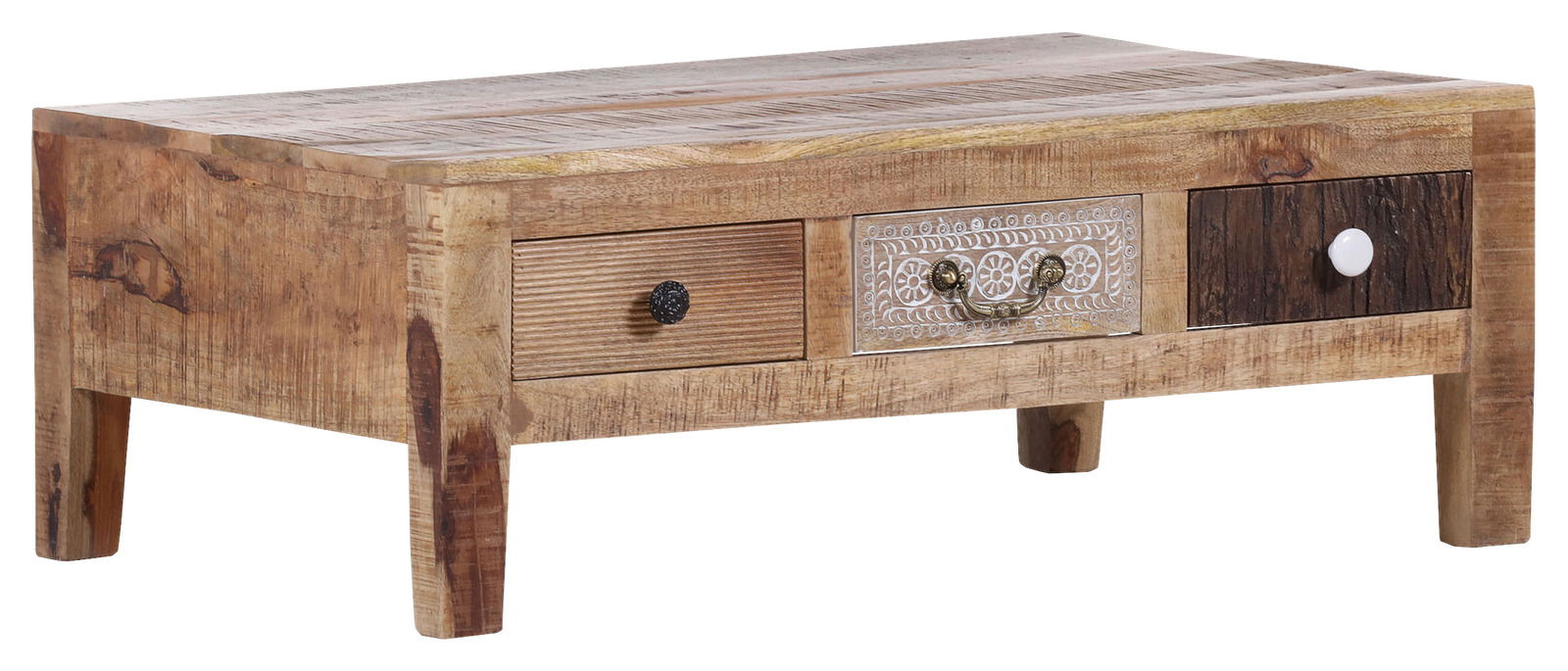 Landscape Couchtisch PUNO Rustikaler Couchtisch aus Holz mit drei Schubladen in verschiedenen Designs, seitliche Perspektive