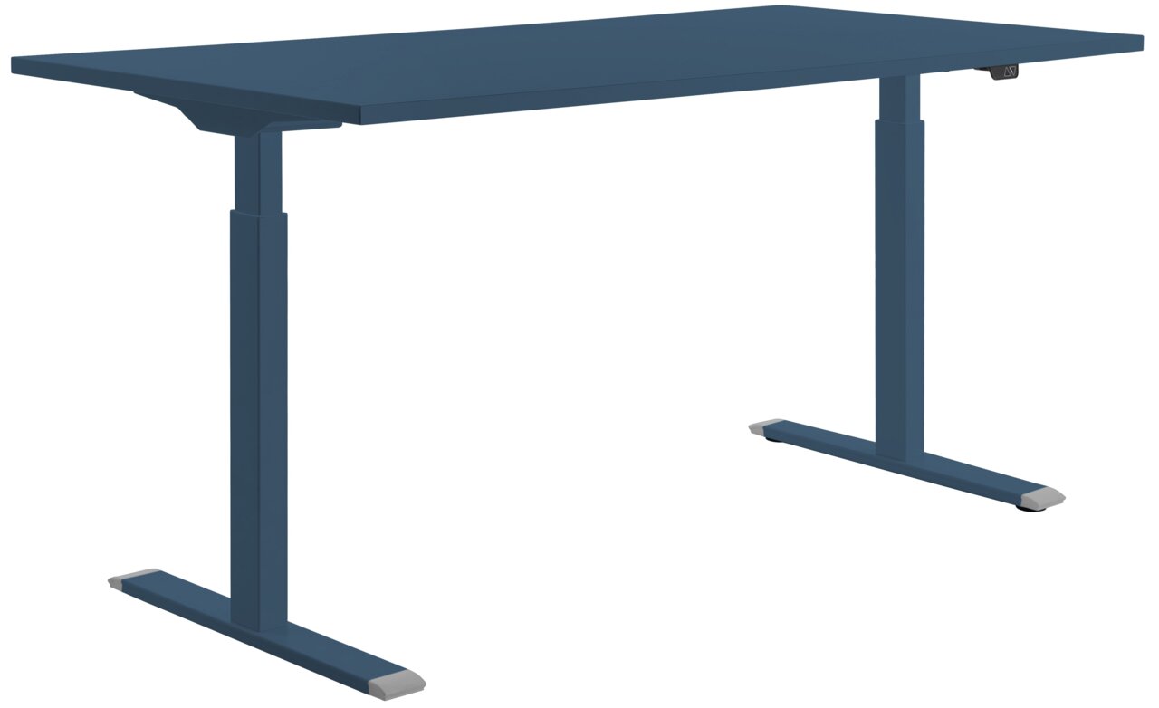 Modern blauw elektrisch bureau met in hoogte verstelbare poten, zijaanzicht